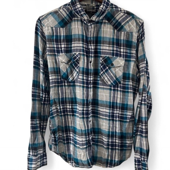VTG Men’s Teal Plaid Express Snap-Button Western Shirt Size Large
